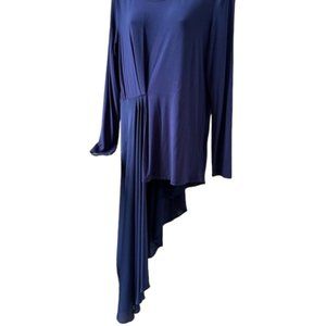 New-Boston Proper Long Sleeve Scoop Neck Asymmetrical Navy Dress Sz M #01